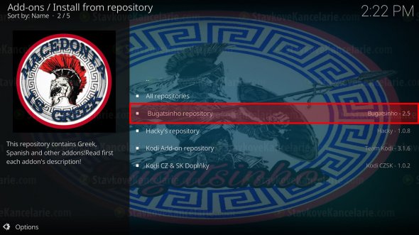 Dostupné KODI repozitáre – vyberte „Bugatsinho repository“