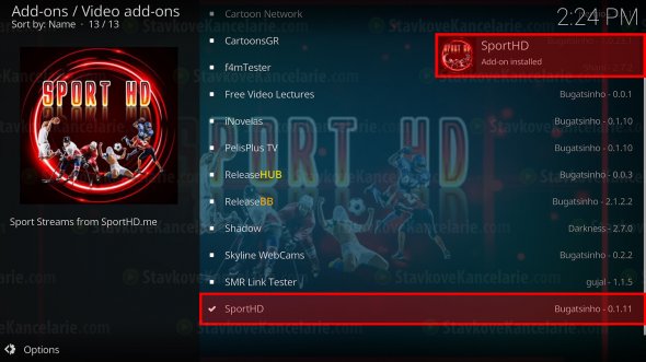 Inštalácia addonu SportHD je kompletná