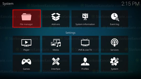 V systémovej ponuke KODI kliknite na položku „File manager“
