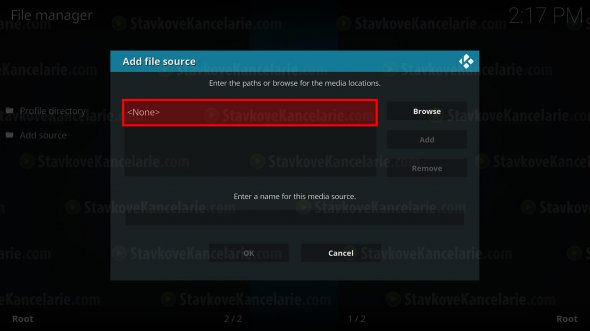 Kliknite na riadok „None“ v pop-up okne KODI