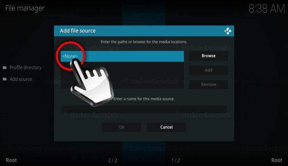 Kliknite na riadok „None“ v pop-up okne KODI