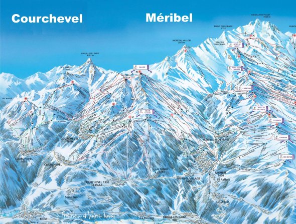 Mapa lyžiarskych zjazdoviek v strediskách Courchevel a Méribel