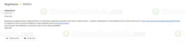 Overovací email od spoločnosti Niké