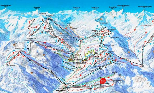 Mapa lyžiarskych zjazdoviek v stredisku Saalbach