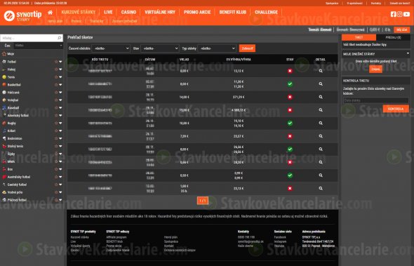 Kontrola tiketu a prehľad stávok v stávkovej kancelárii SYNOTTIP
