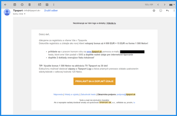 Prepošlite nám tento e-mail od Tipsportu po overení totožnosti
