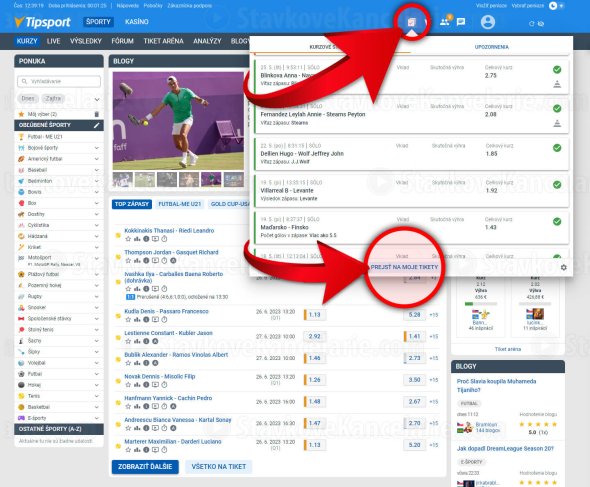 Položka „Kontrola tiketu“ na Tipsport.sk