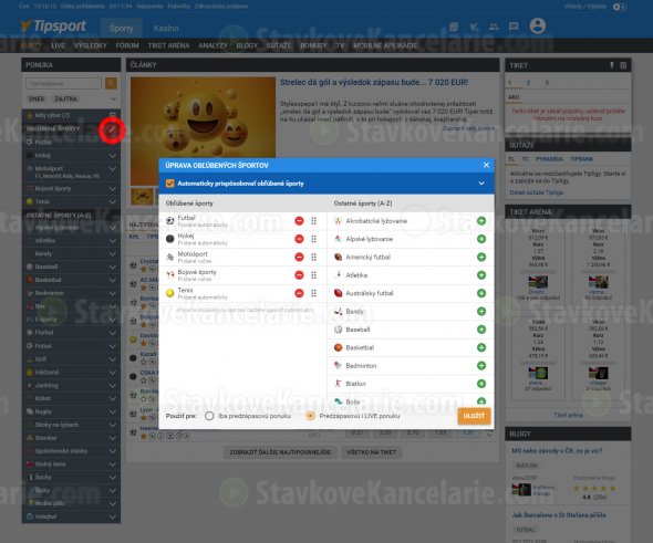 Úprava kategórií obľúbených športov na Tipsport.sk