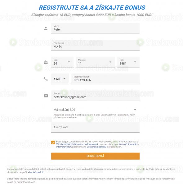 Registračný formulár na Tipsport.sk