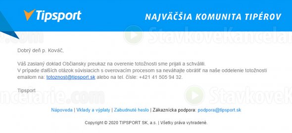 Potvrdzujúci email o úspešnom overení totožnosti v Tipsporte
