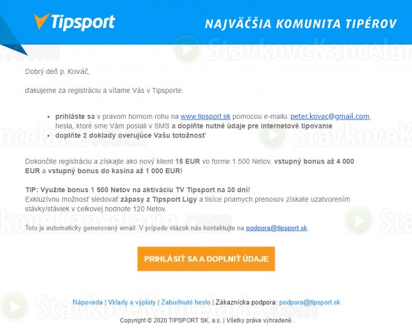 Registrácia na www.tipsport.sk bola úspešná