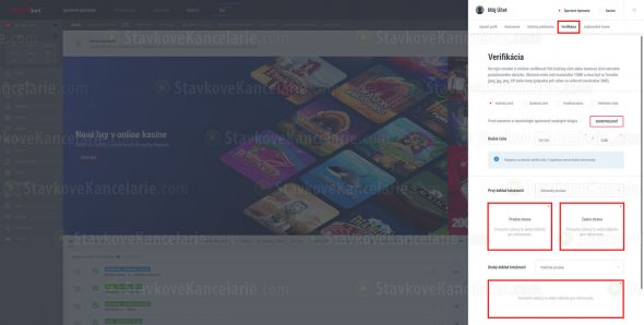 Voľba dokladov totožnosti a ich nahratie na overenie hráčskeho účtu v DOXXbete