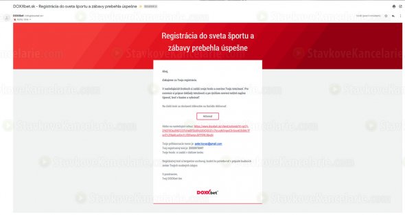 Email s potvrdzovacím odkazom od DOXXbetu