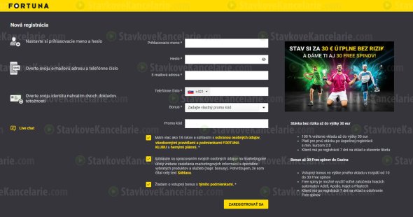 Registračný formulár na ifortuna.sk