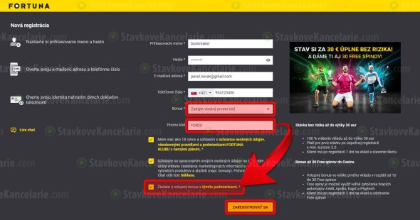 Registračný formulár na ifortuna.sk