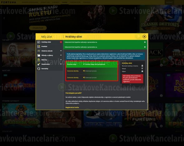 Dokončenie procesu overovania v stávkovej kancelárii Fortuna