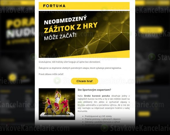 Email od spoločnosti Fortuna o vytvorení plnohodnotného hráčskeho konta