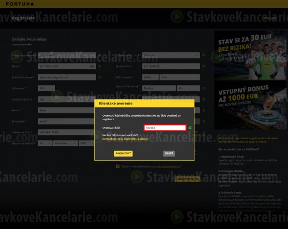 Vyplnenie overovacieho kódu na overenie klienta