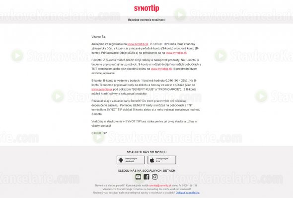Email o úspešnom overení totožnosti v SynotTipe