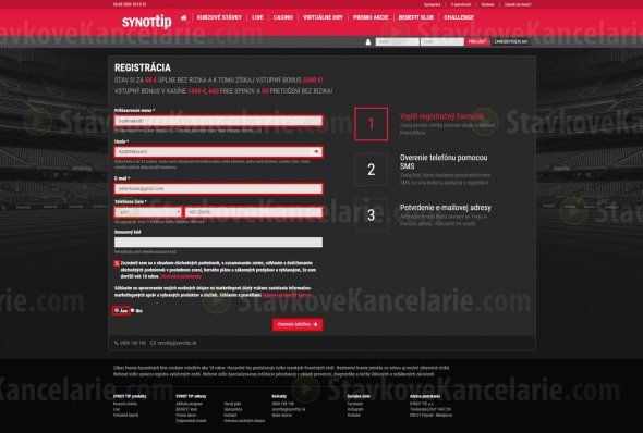 Vyplnený registračný formulár na www.synottip.sk