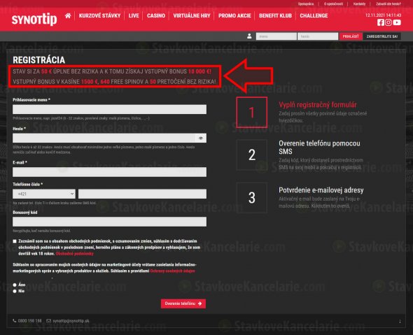Vyplnený registračný formulár na www.synottip.sk