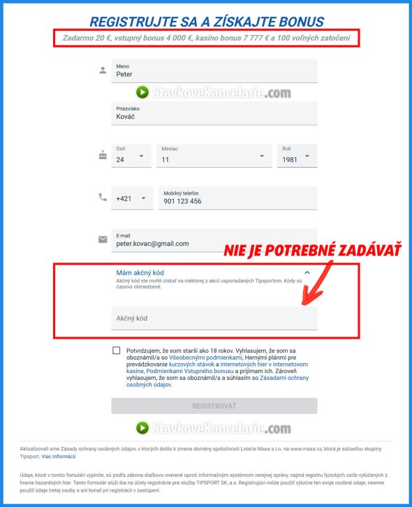Registračný formulár na Tipsport.sk
