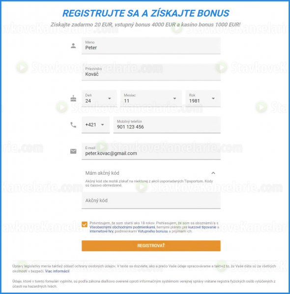 Registračný formulár na Tipsport.sk