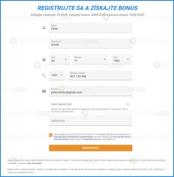 Registračný formulár na Tipsport.sk