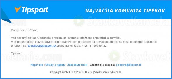 Potvrdzujúci email o úspešnom overení totožnosti v Tipsporte