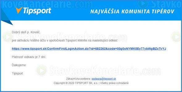 Email s potvrdzovacím odkazom od Tipsportu