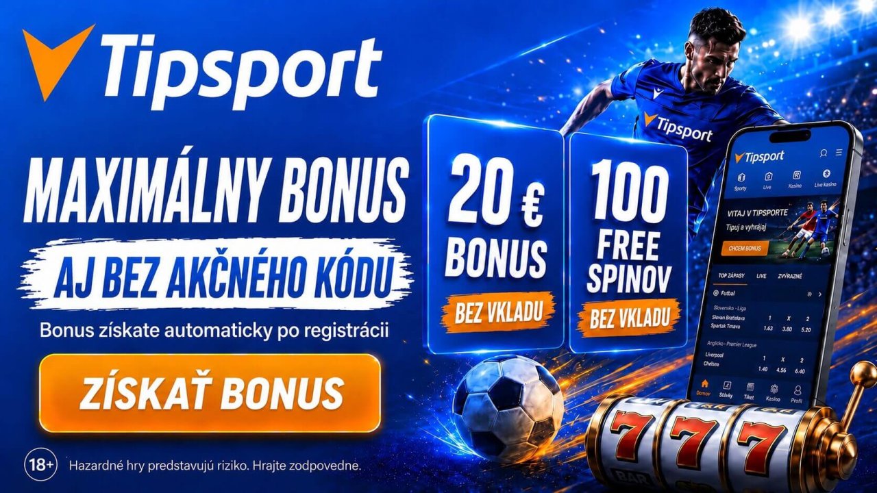 Bonus bez vkladu 20 € a 100 free spinov v Tipsporte získate aj bez promo kódu.