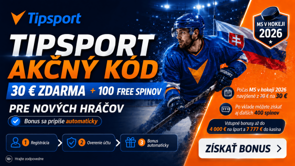 Tipsport akčný kód s bonusom 30 € zdarma a 100 free spinov pre nových hráčov